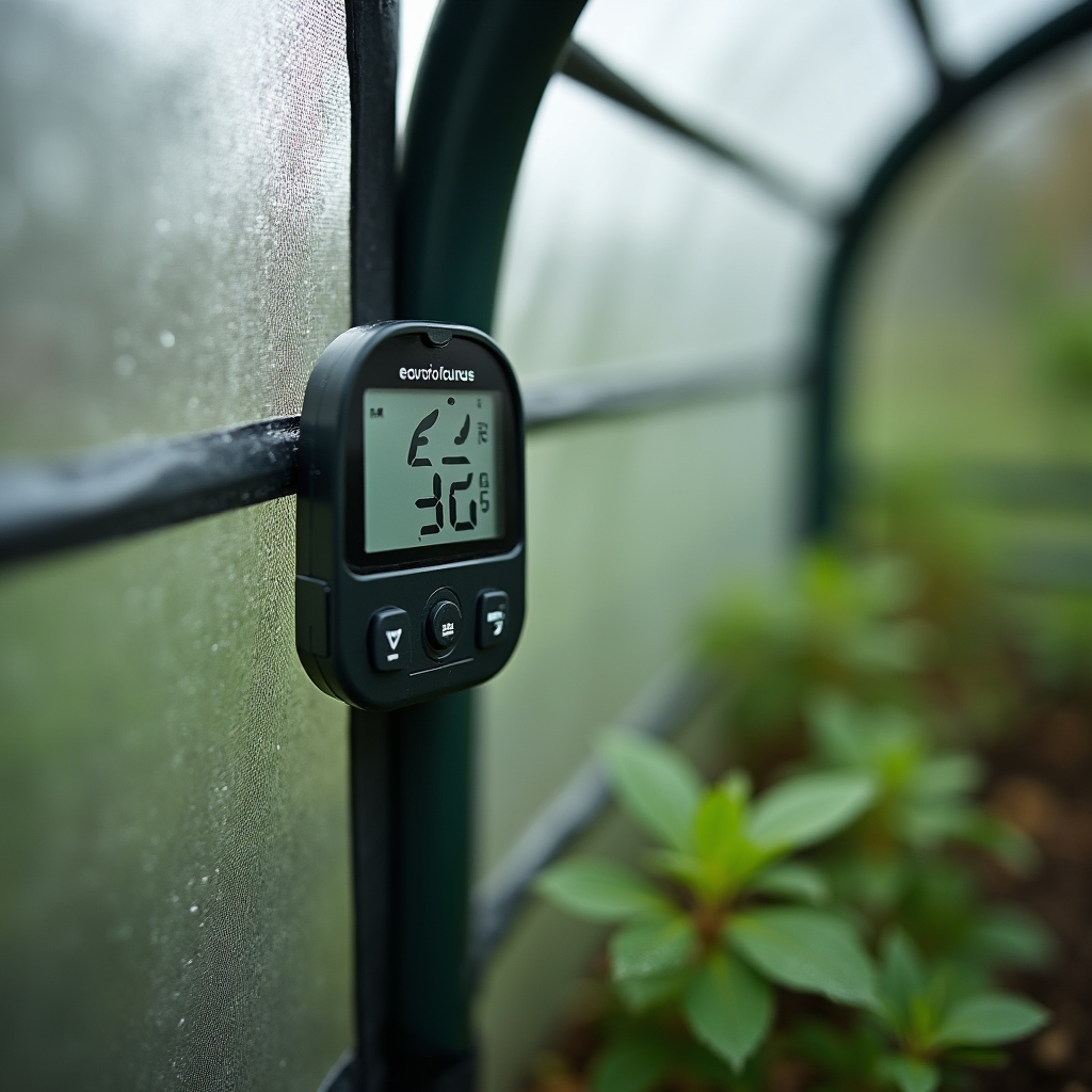 Sensor de temperatura y humedad instalado dentro de un micro-invernadero doméstico
