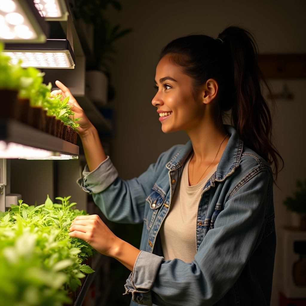 Estudiante ajustando una estantería de cultivo con luces LED durante una sesión práctica de aprendizaje