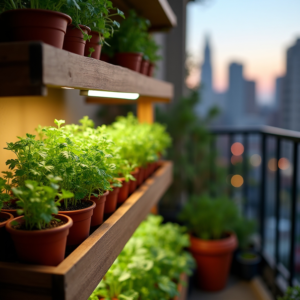 Micro-invernadero doméstico instalado en un balcón urbano con iluminación LED sobre bandejas de cultivo