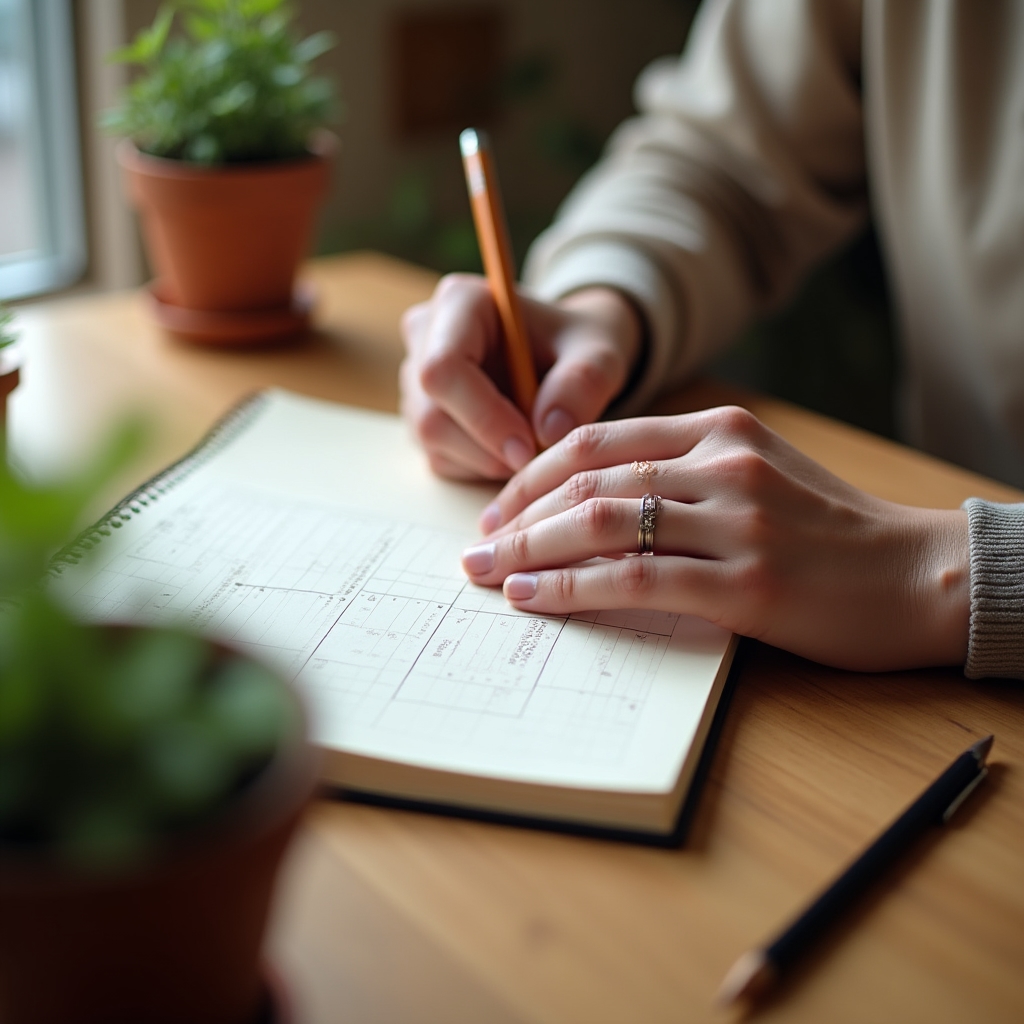 Persona anotando en una libreta un calendario de ciclos de producción junto a plantas en crecimiento